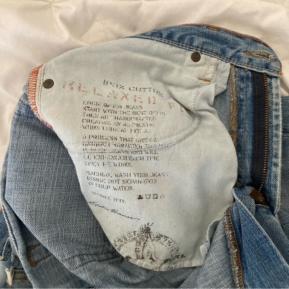 Eddie Bauer 32x32 (hemmed to 32x30 with a raw edge) upcycled jeans in blue wash - Picture 2 of 11